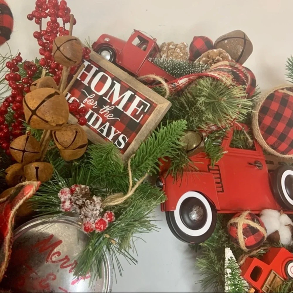 Christmas Red Truck Rustic Farmhouse Plaid Wreath